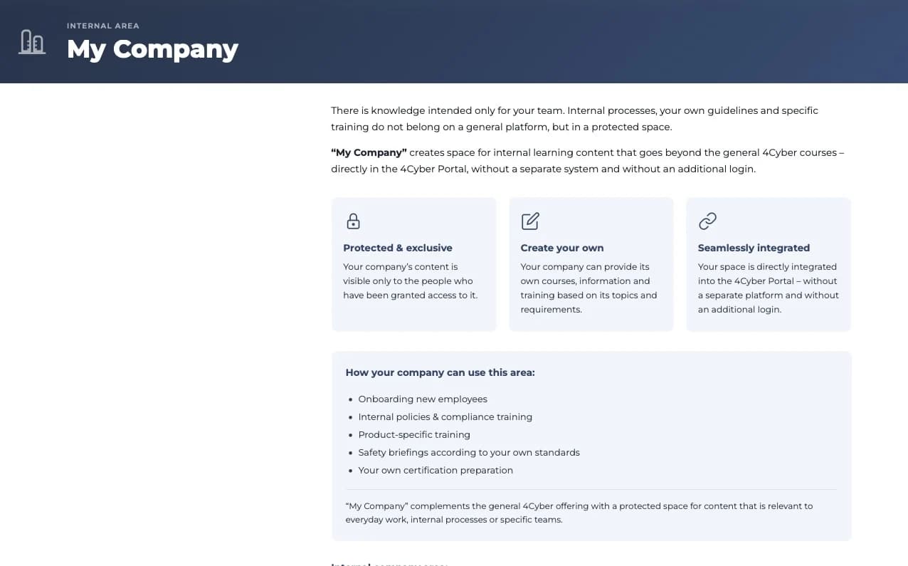 4Cyber Hub: My Company area for your own internal training content